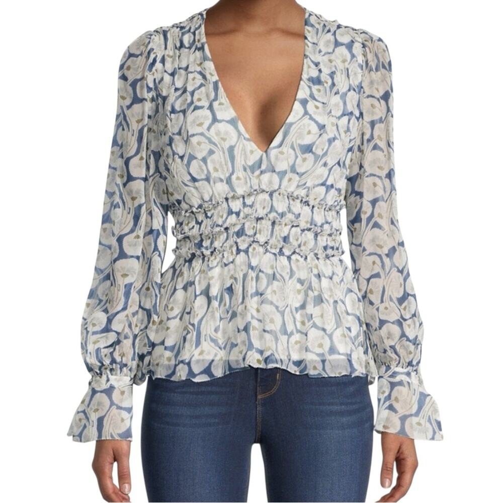Rebecca Taylor Deco Fleur Silk Blue and Cream Patterned Blouse 0
